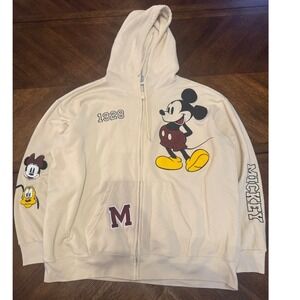 Disney Mickey Mouse 1928 Zip Up Hoodie Ivory Graphic Print Cartoon‎ Size XL |J1